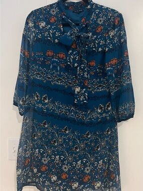 As U Wish Teal Floral Tie-Neck Tunic with Rust Accents l S